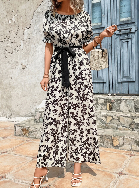 Allover Floral Print Puff Sleeve Belted Wide Leg Jumpsuit