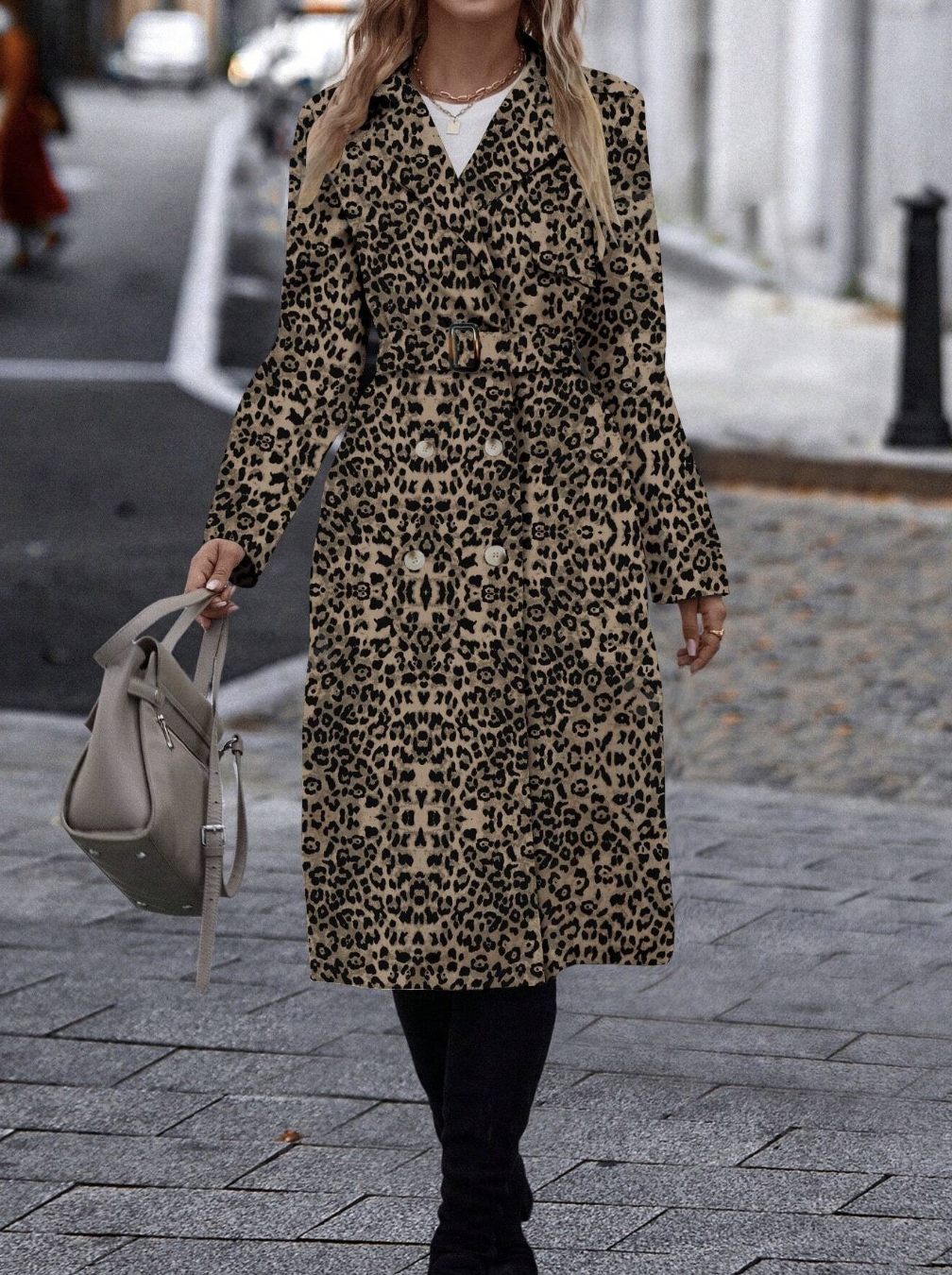 Cinched Waist Leopard Print Trench Long Coat