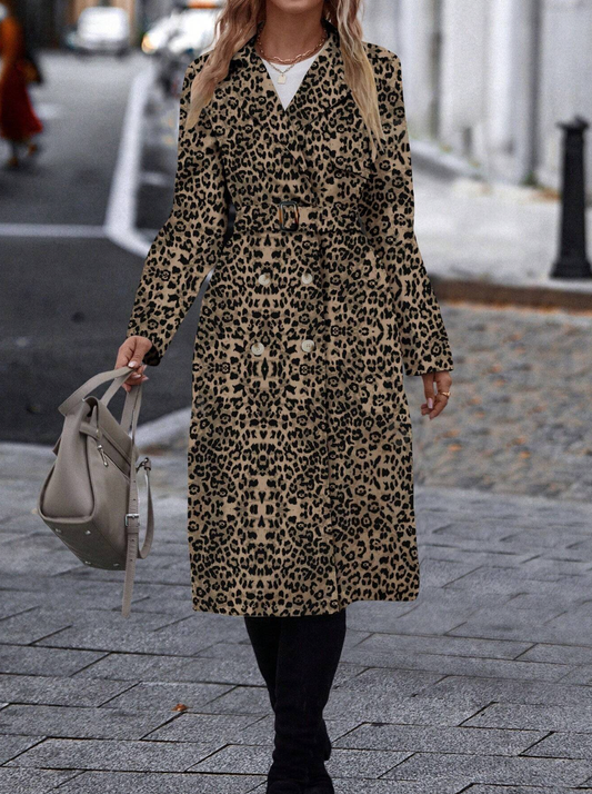 Cinched Waist Leopard Print Trench Long Coat