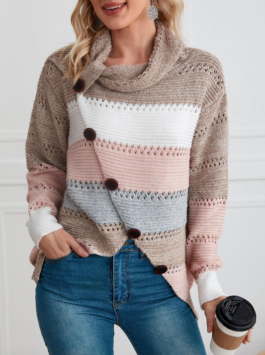 Color Block Cowl Neck Pointelle Knit Sweater