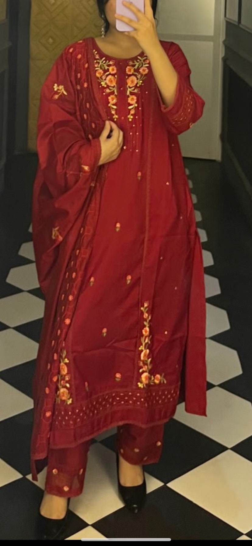 Flower embroidery straight kurtha set