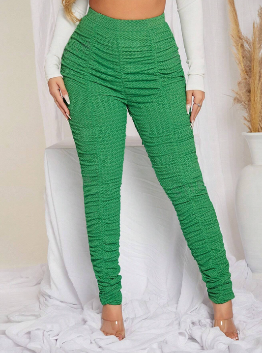 Solid Ruched Cut Out Waist Ruched Leggings