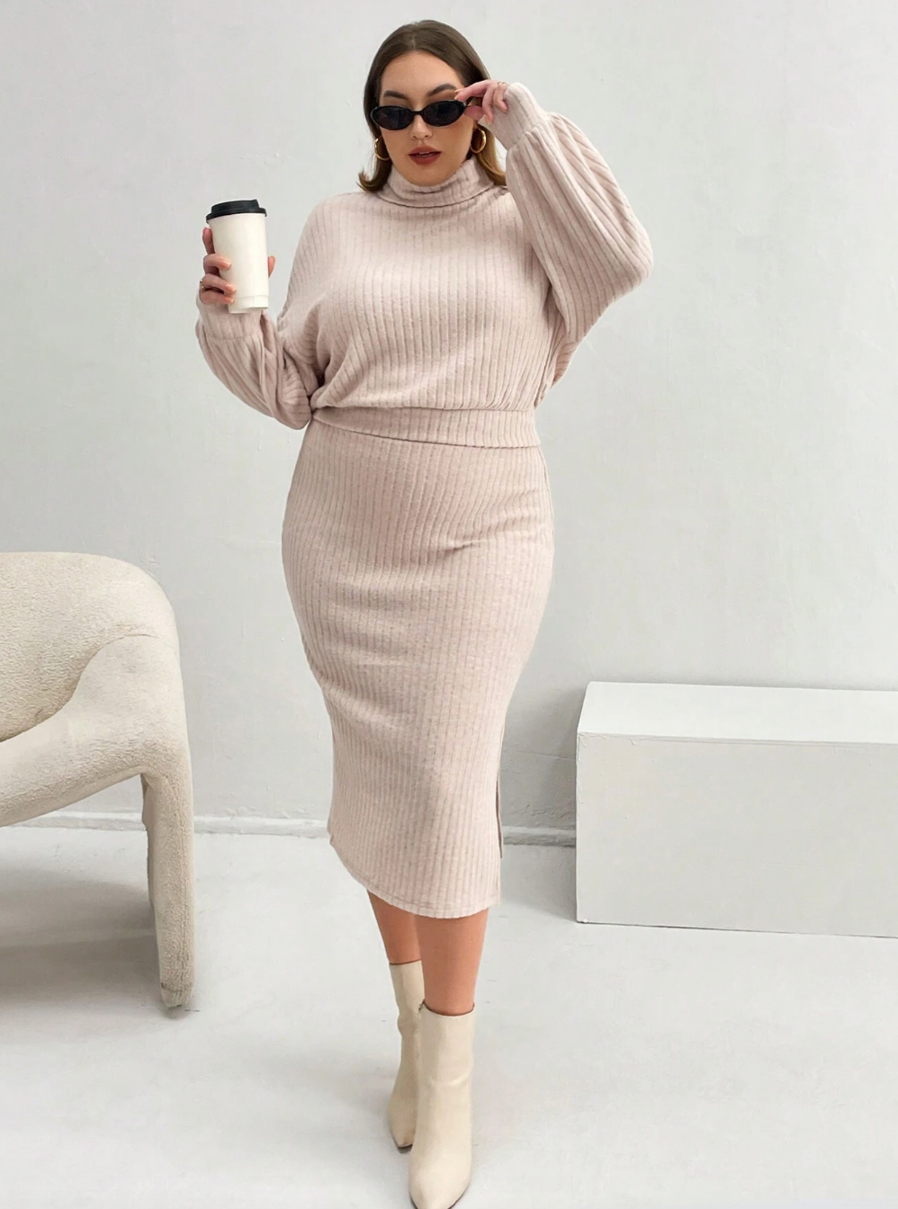 Plus Size Turtleneck Drop Shoulder Top & Skirt Set Dress