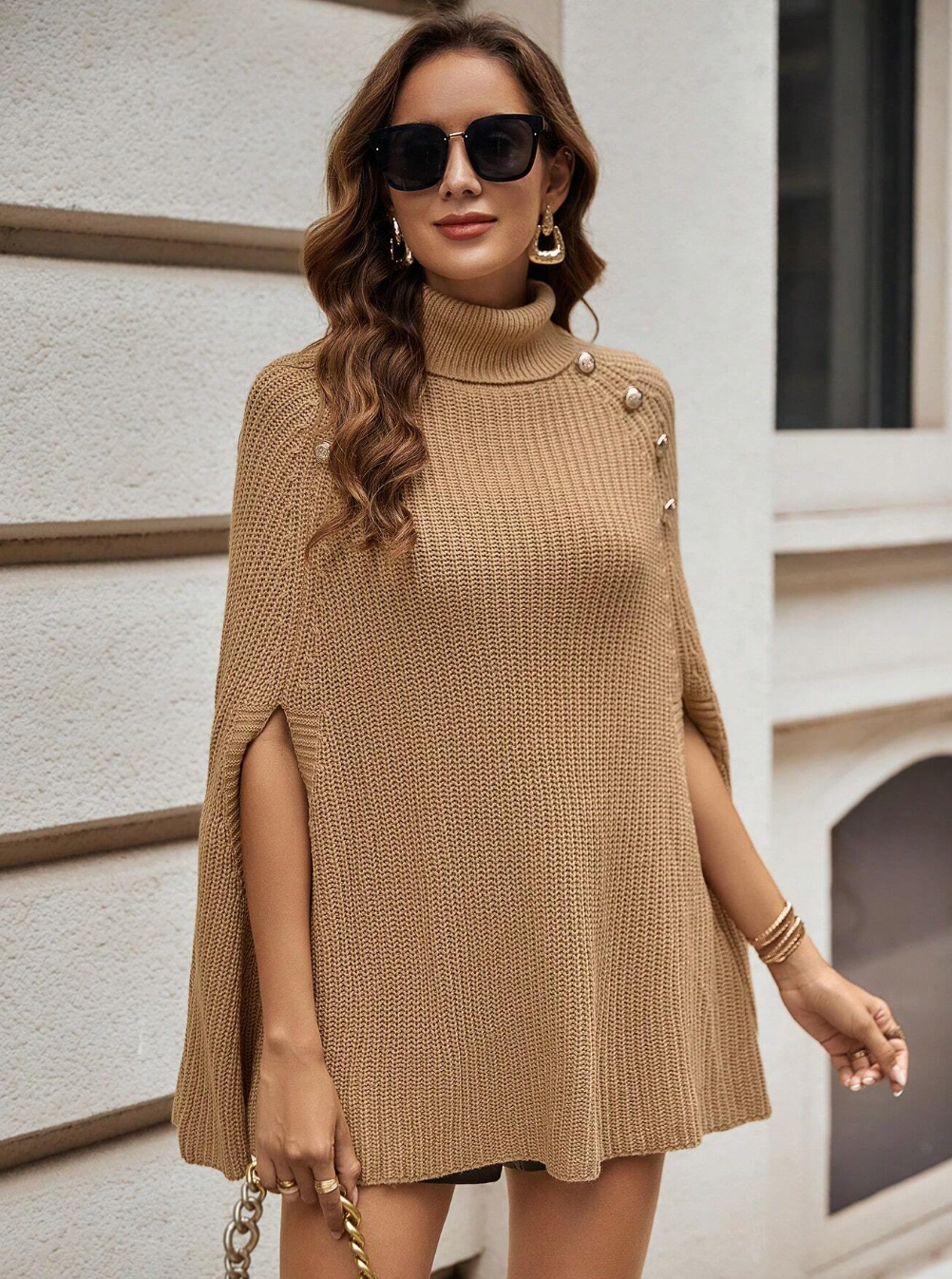 Turtleneck Button Detail Cloak Sleeve Knit Poncho