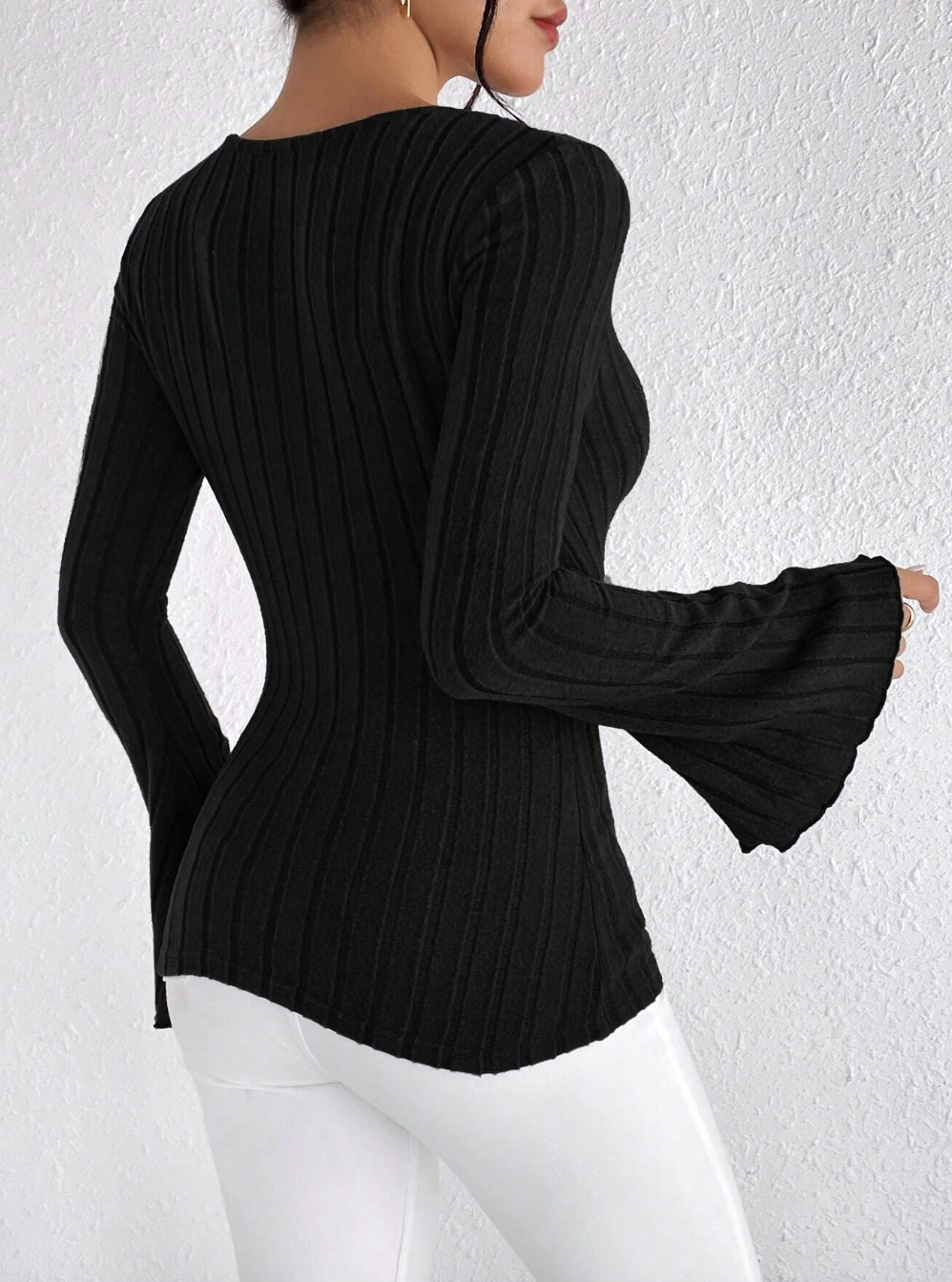 Deep V Neck Trumpet Sleeve Ribbed Knit Tee