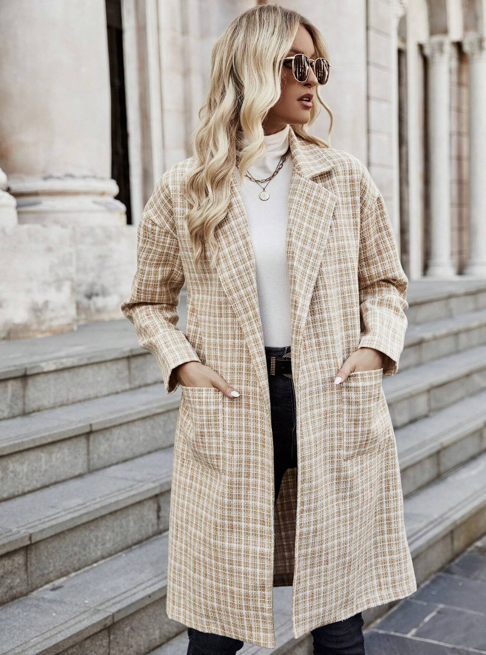 Plaid Dual Pocket Drop Shoulder Tweed Winter Overcoat