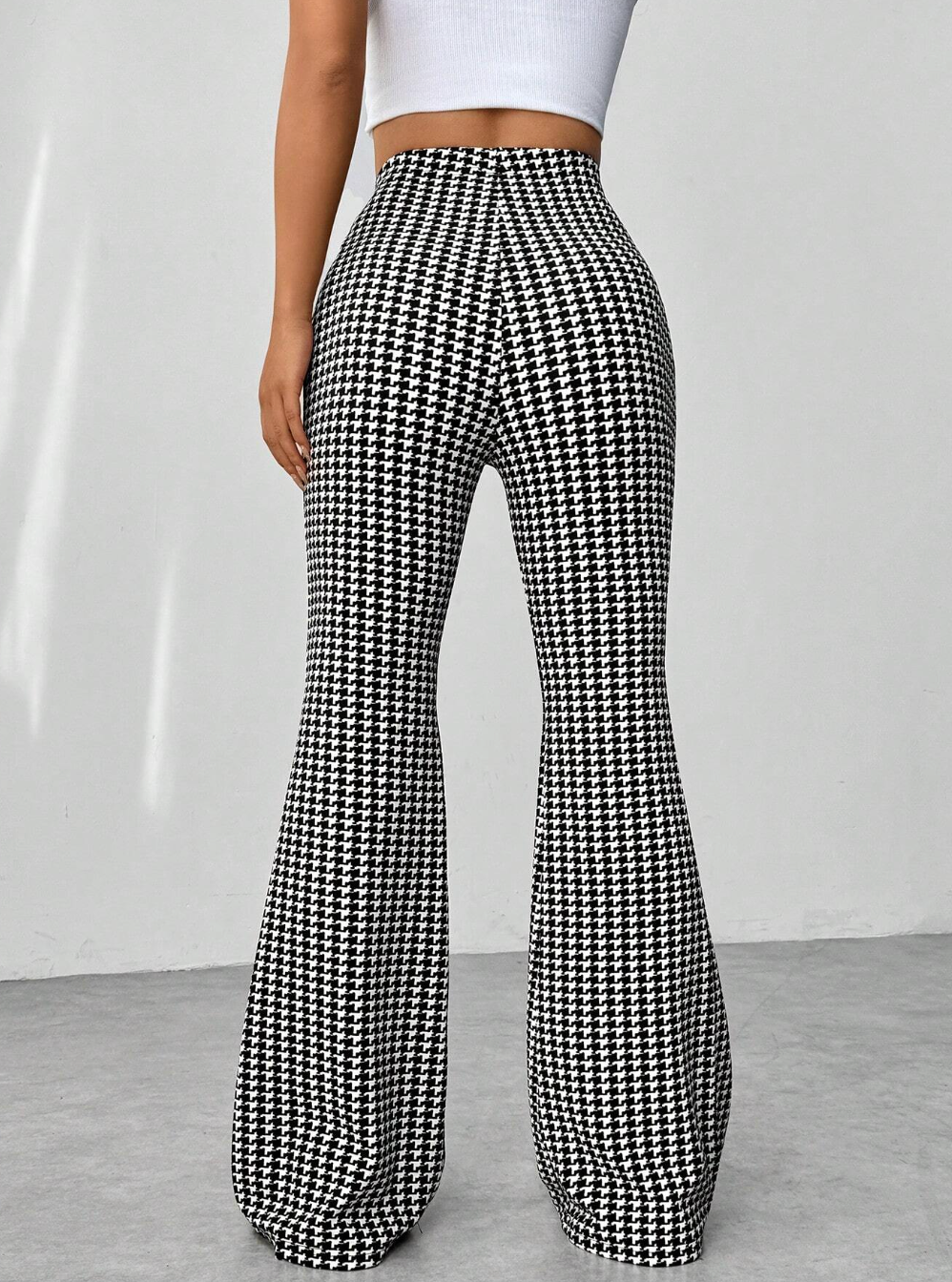 Black And White Houndstooth Pattern Flare Pants