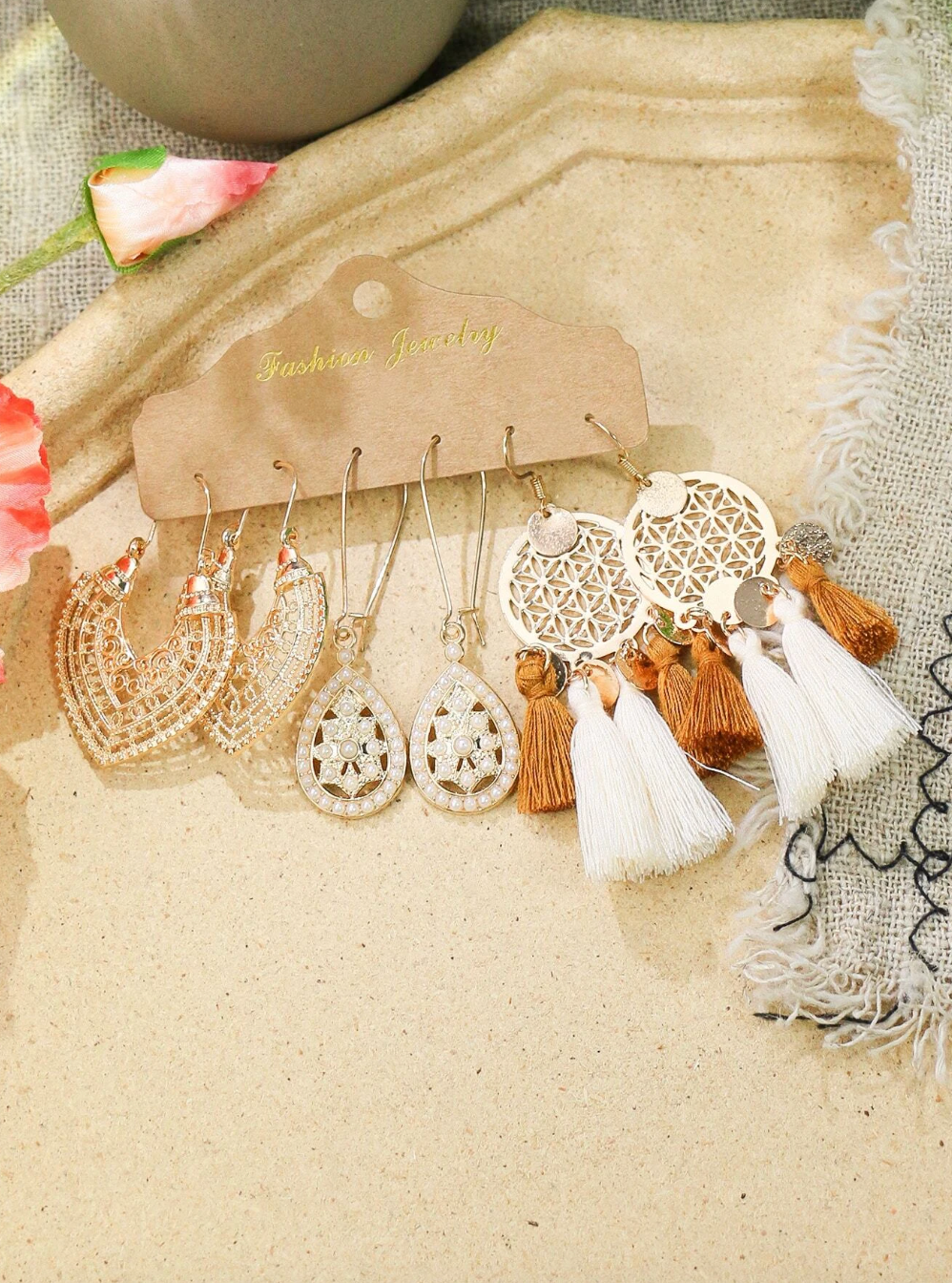 3pairs:set Water-drop & Tassel Decor Earrings