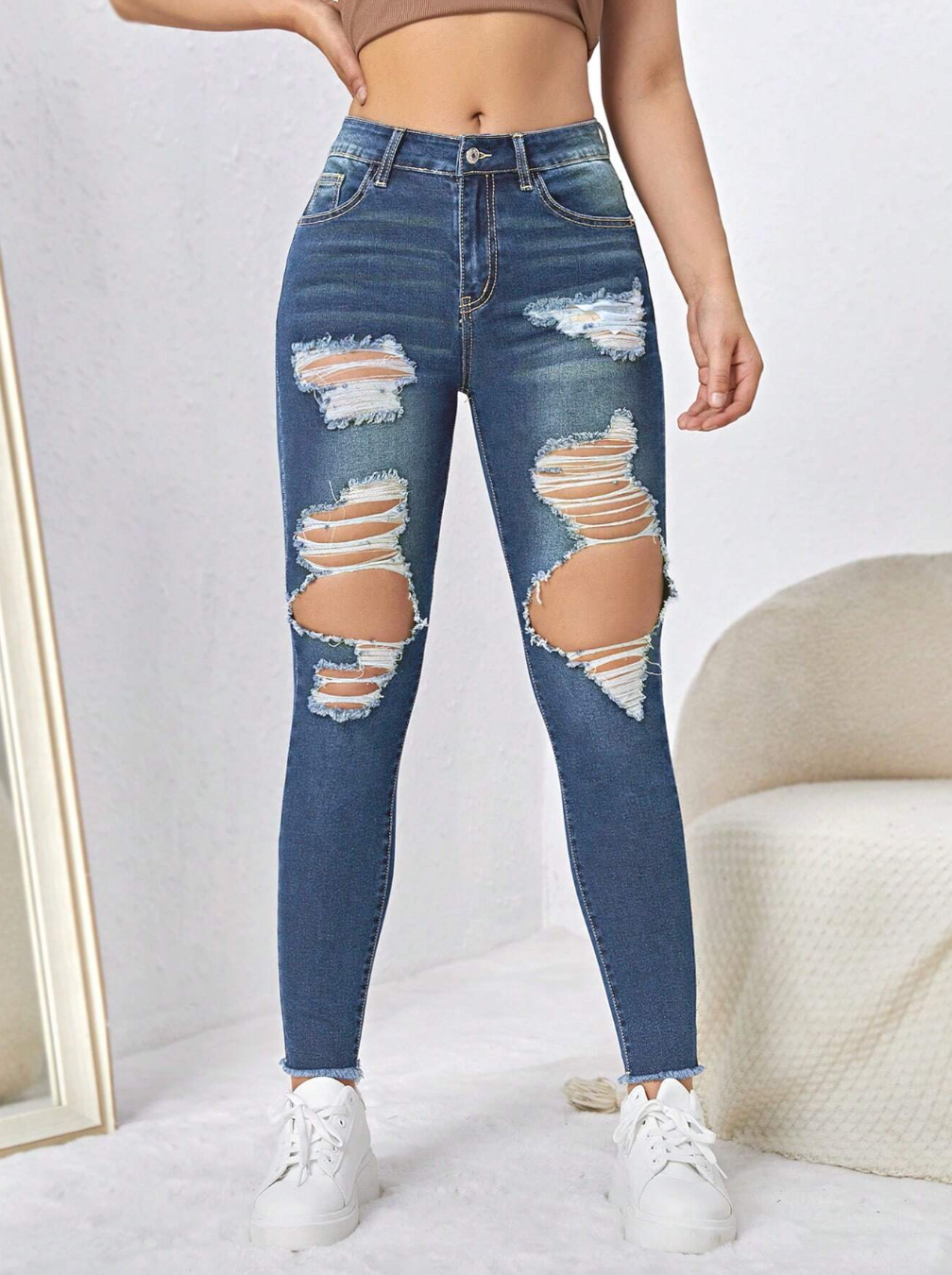 Distressed Hem Ribbed Jeans