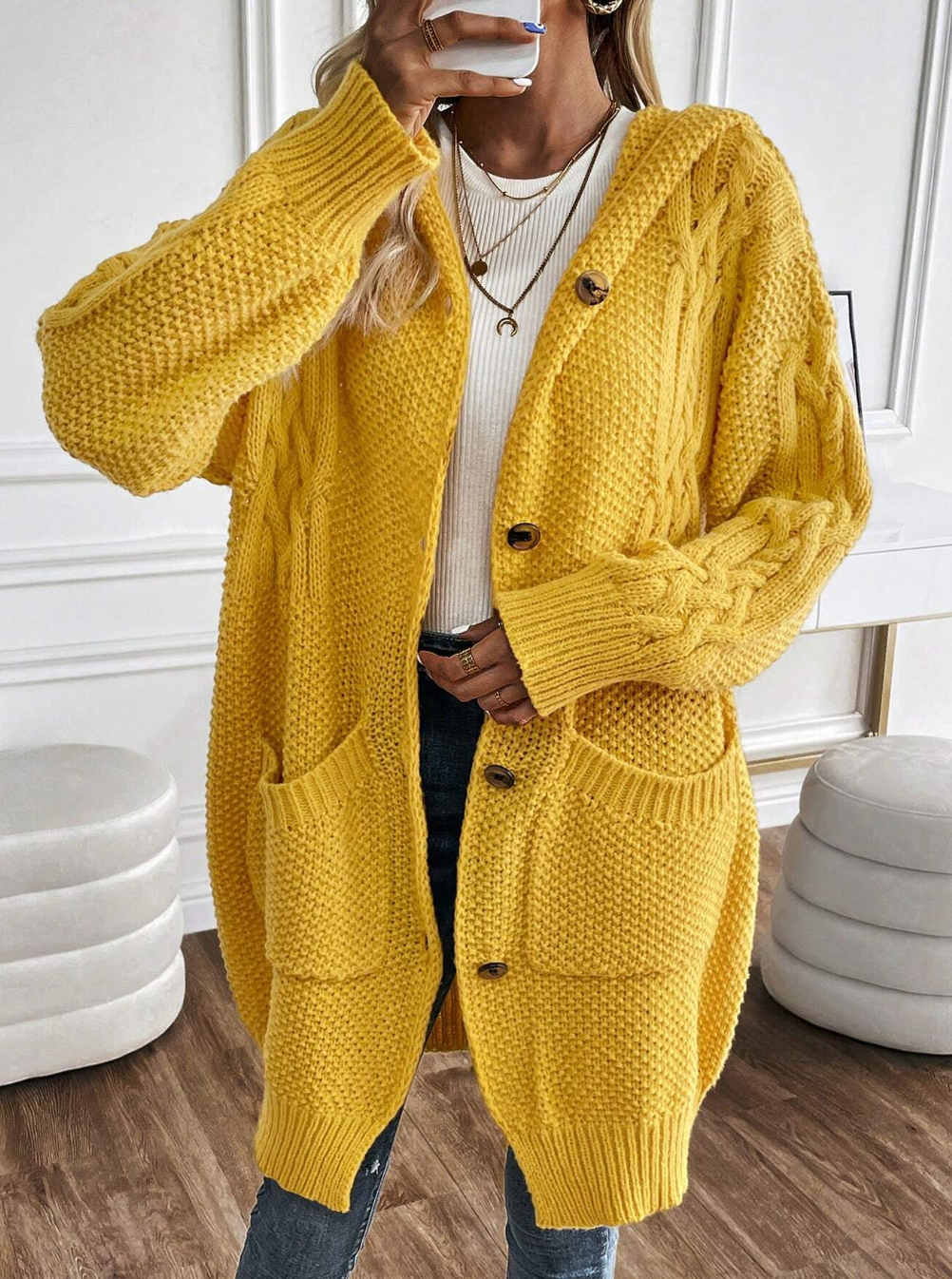 Dual Pocket Drop Shoulder Cable Knit Hooded Cardigan