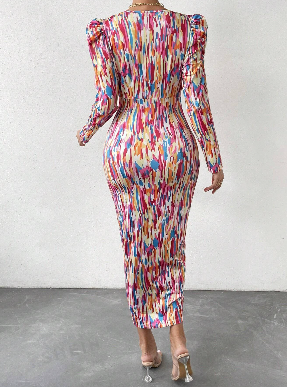 Allover Print Ruched Split Thigh Bodycon Dress – FutureFashionNepal