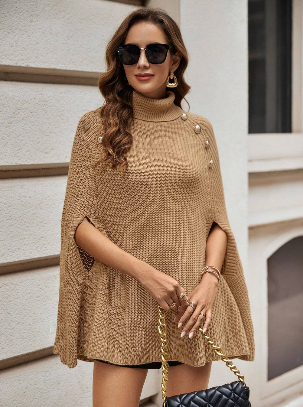 Turtleneck Button Detail Cloak Sleeve Knit Poncho