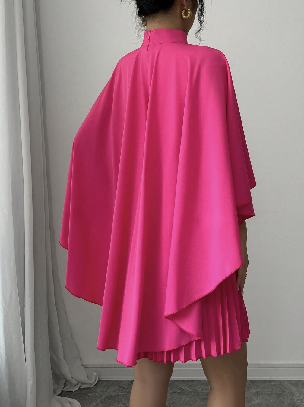 Elegant Draped Cloak Collar Pleated Romantic Mini Dress