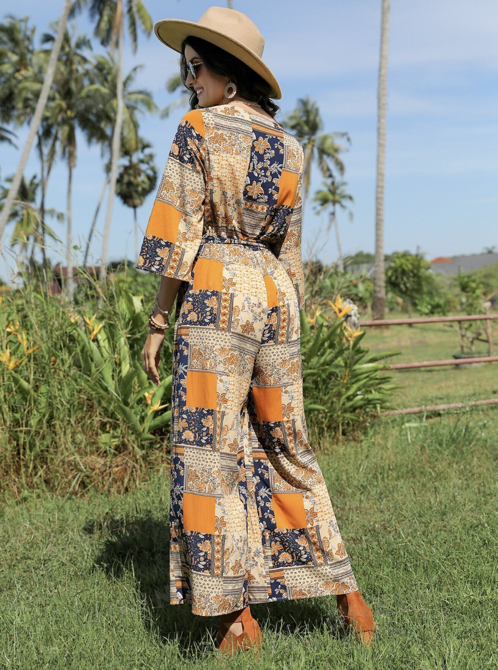 Patchwork Print Belted Wide Leg Jumpsuit