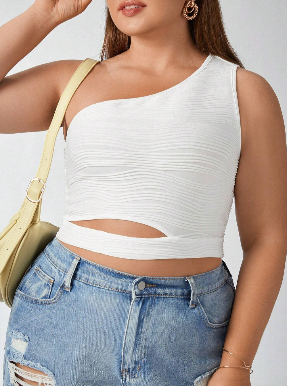 Plus Size White Hollow Out Single Shoulder Cropped Top