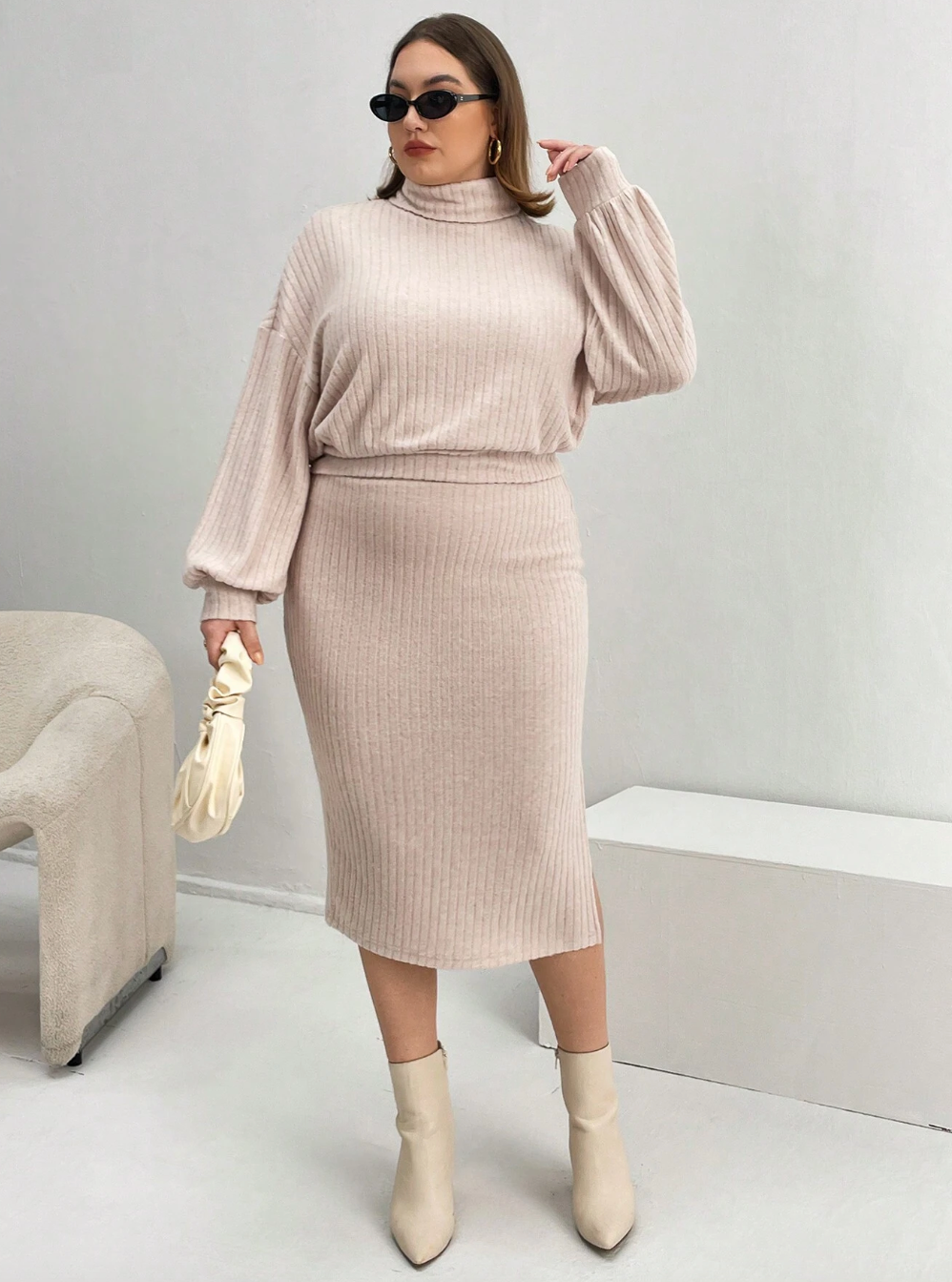 Plus Size Turtleneck Drop Shoulder Top & Skirt Set Dress