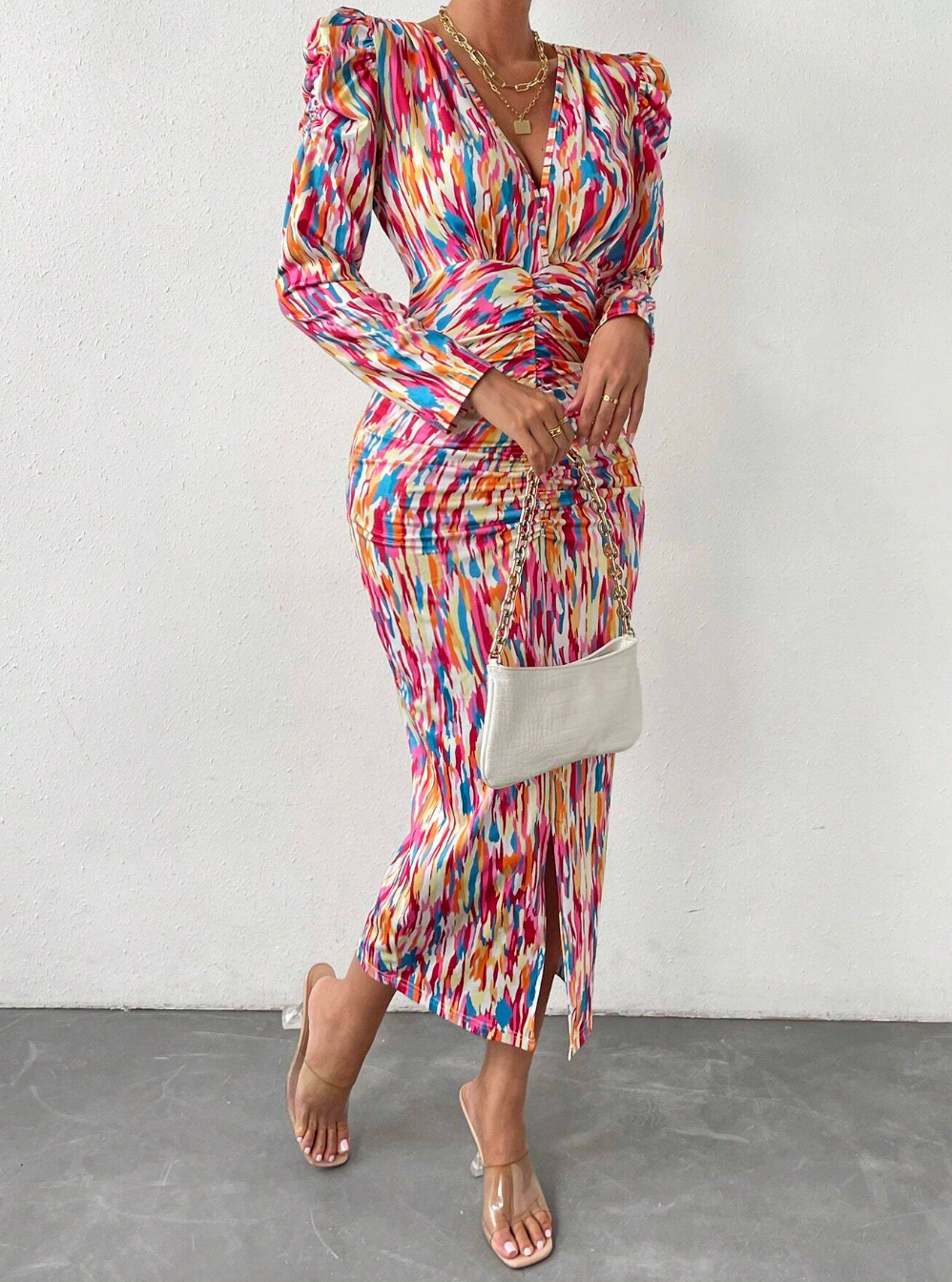 Allover Print Ruched Split Thigh Bodycon Dress – FutureFashionNepal