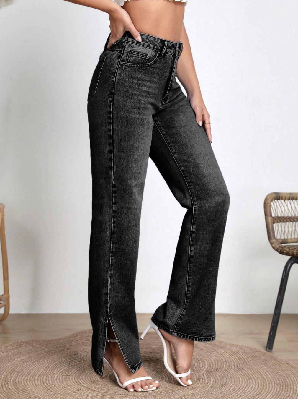 Solid Hem Straight Leg Jeans