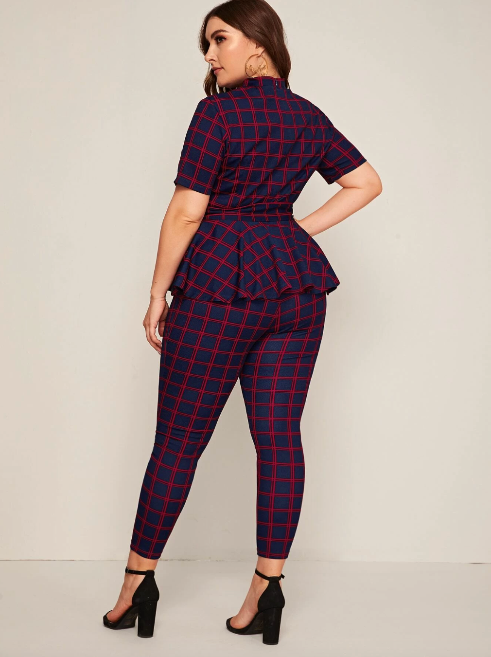 Plus Size Mock Neck Belted Plaid Top  & Leggings Set