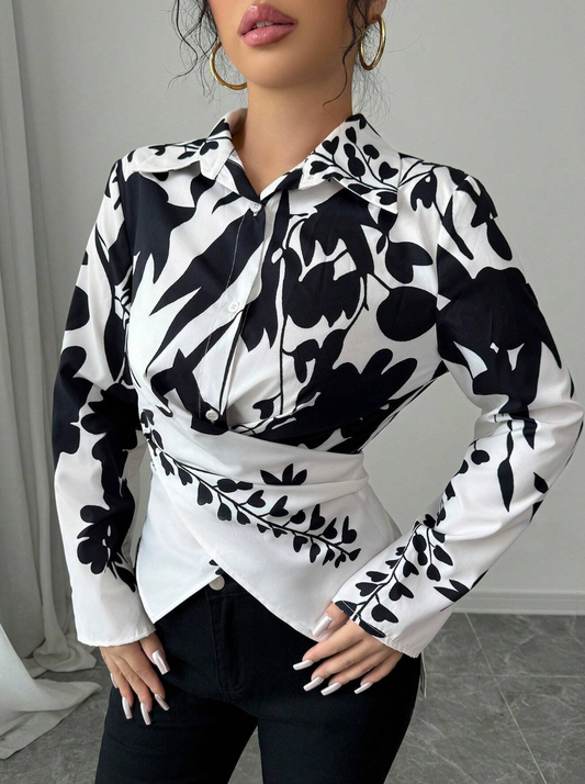 Floral Cinched Cinched Waist Cuff Long Sleeve Shirt