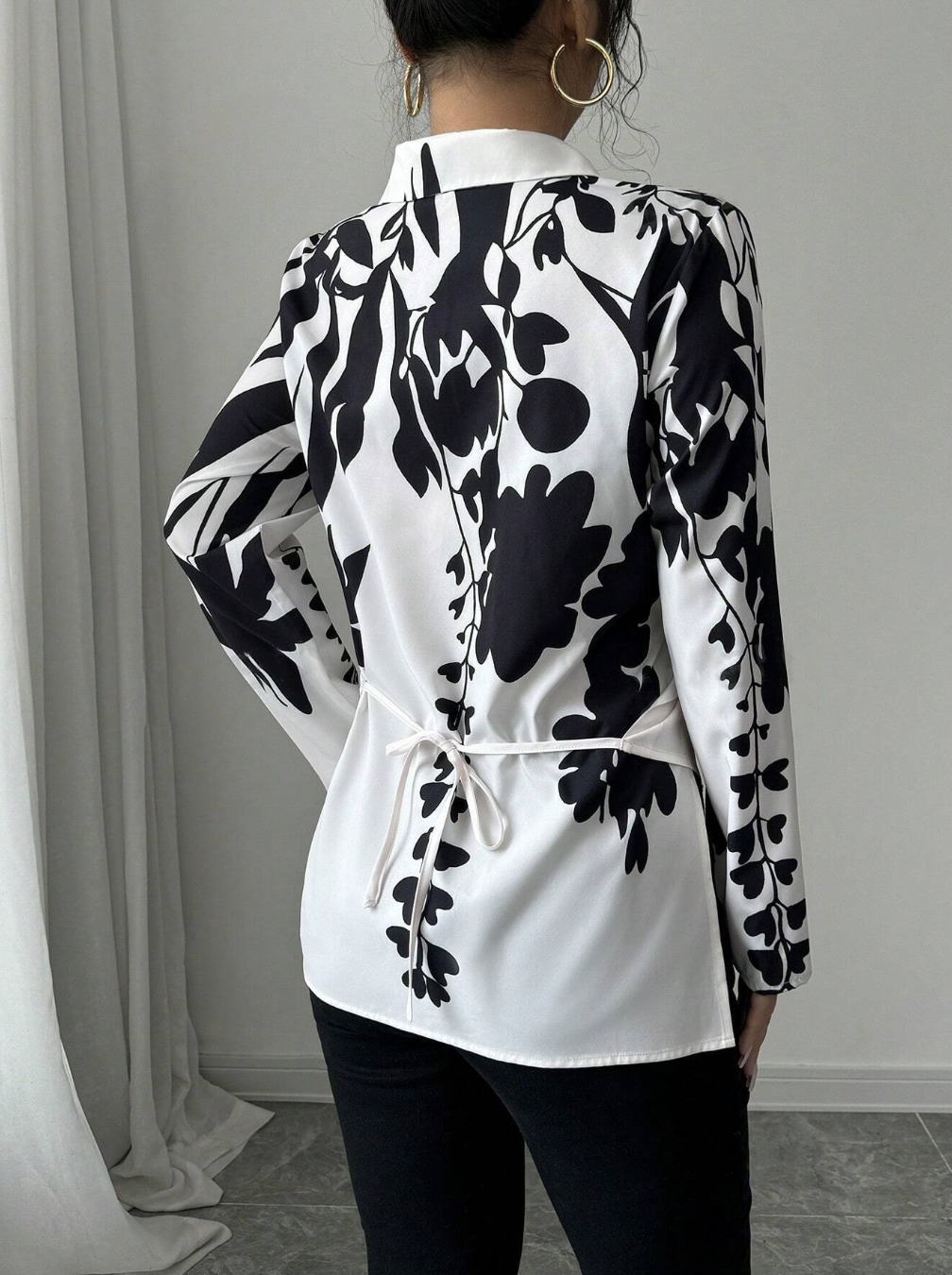 Floral Cinched Cinched Waist Cuff Long Sleeve Shirt