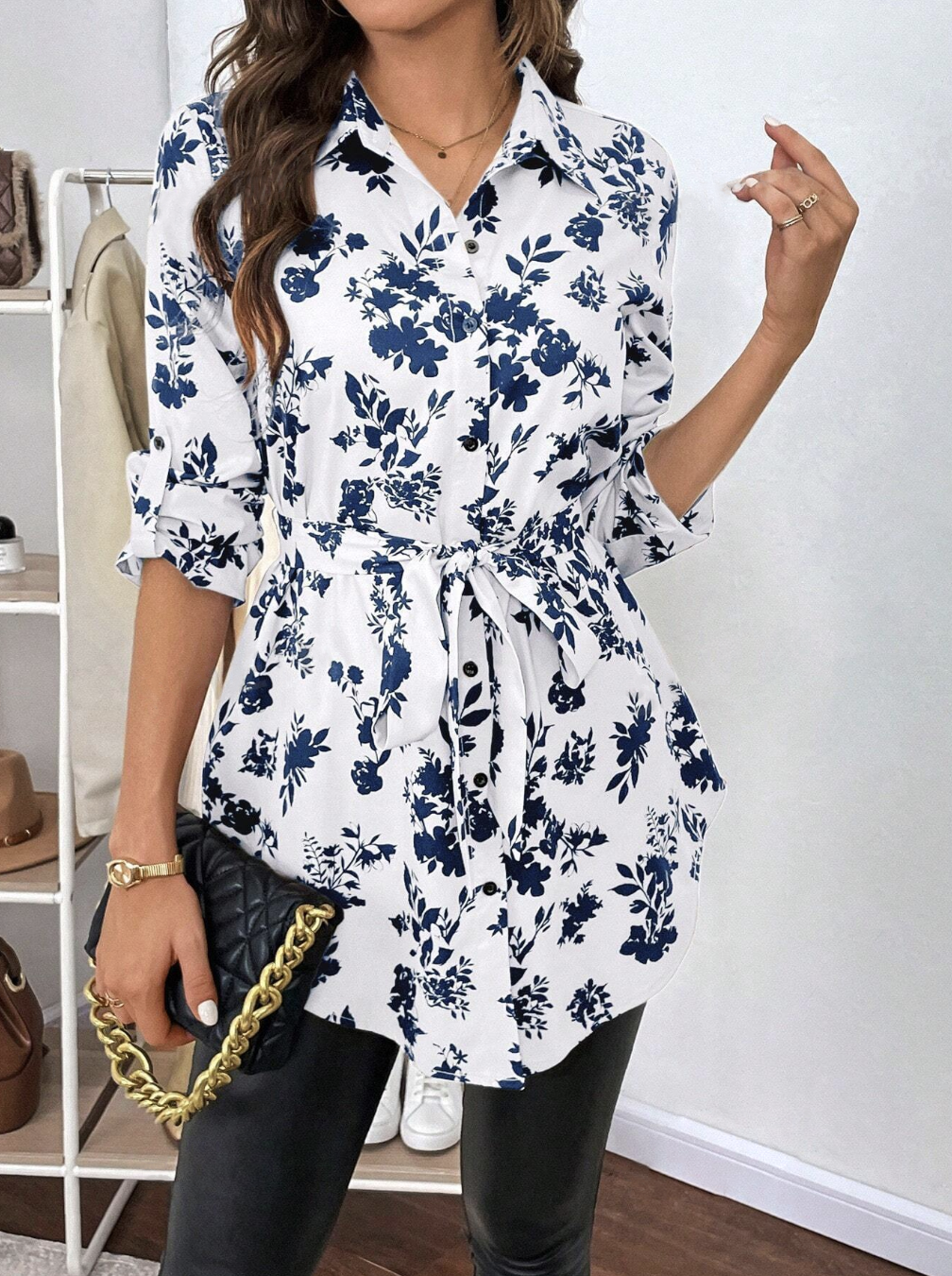 Floral Print Rolled Tab Sleeve Self Belted Shirt