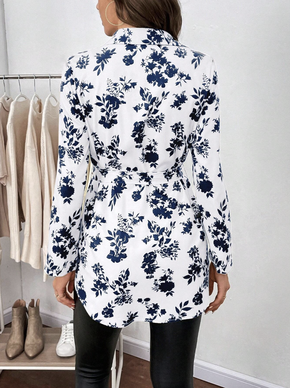 Floral Print Rolled Tab Sleeve Self Belted Shirt