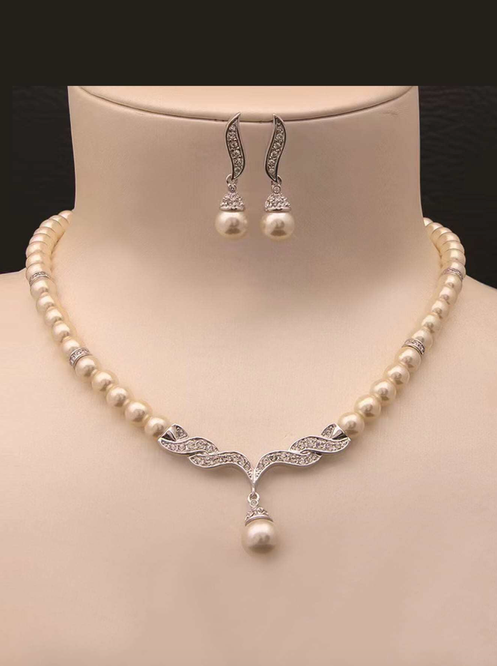 Glass Pearl With Rhinestones Necklace Earring Set - 1 Necklace & 1 Pair Earrings