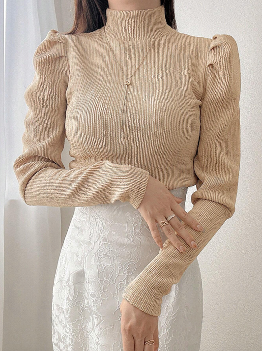 High Neck Puff Sleeve Textured Long Sleeve T-Shirt