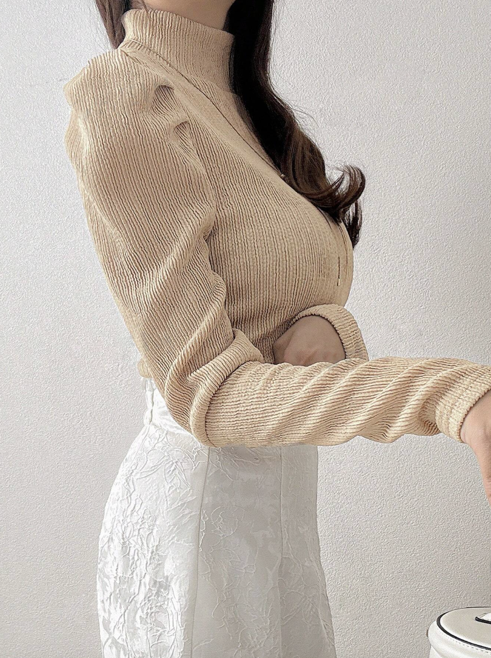 High Neck Puff Sleeve Textured Long Sleeve T-Shirt