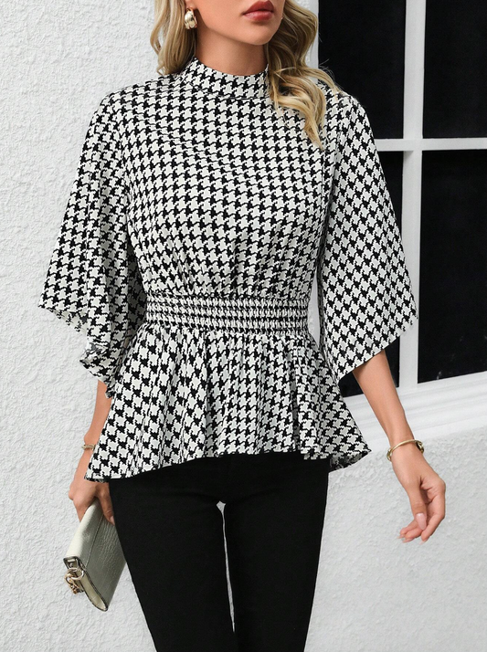 Houndstooth Ruffle Hem Shirt