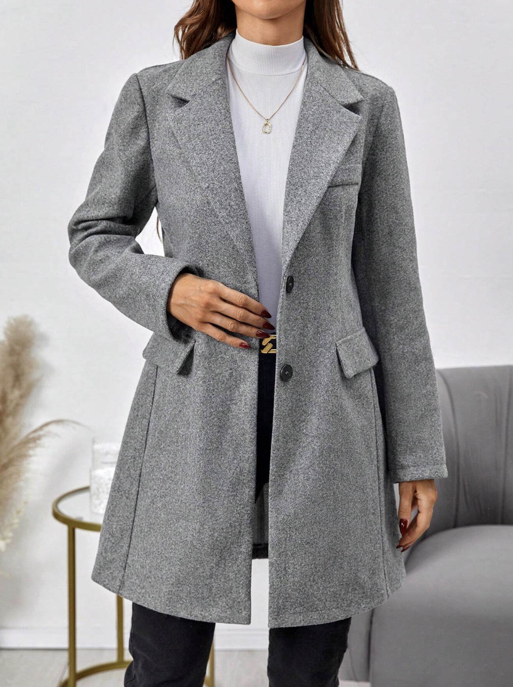 Lapel Neck Flap Detail Single Button Overcoat
