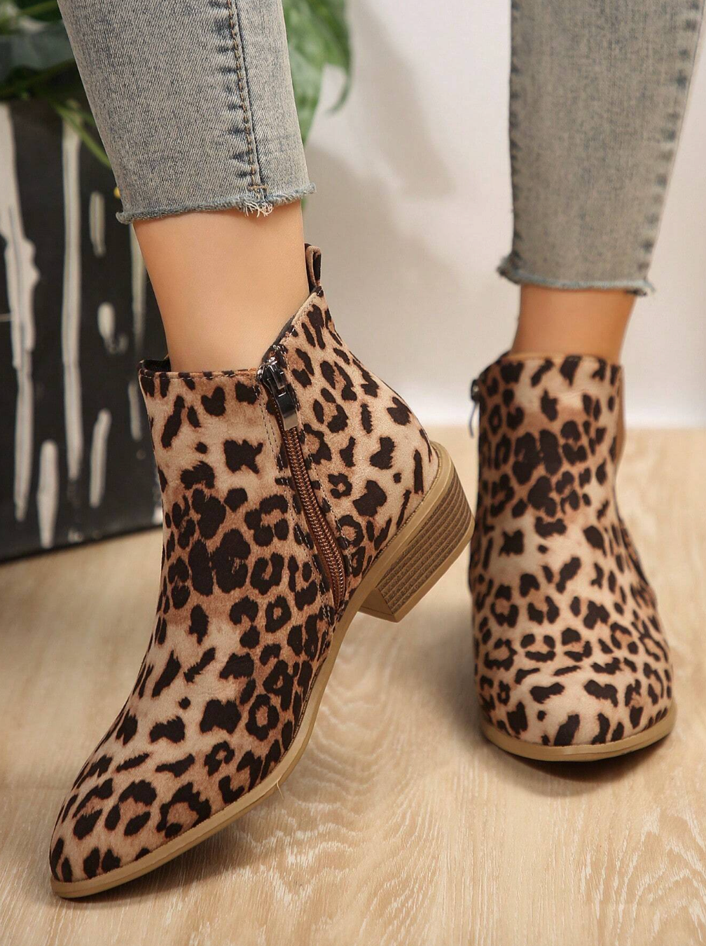 Leopard Print Pointed Toe Side Zipper Ankle Boots