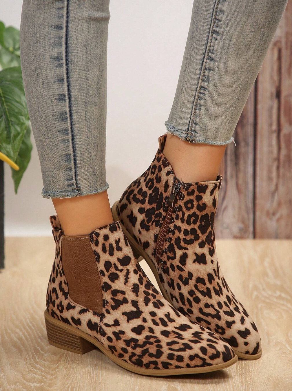 Leopard Print Pointed Toe Side Zipper Ankle Boots