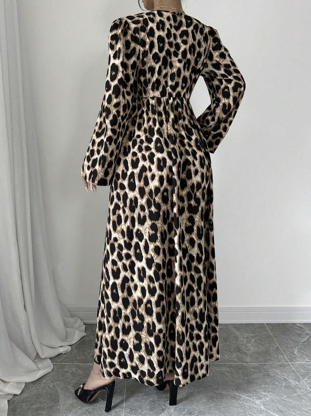 Leopard Print Tie Front Long Sleeve Dress