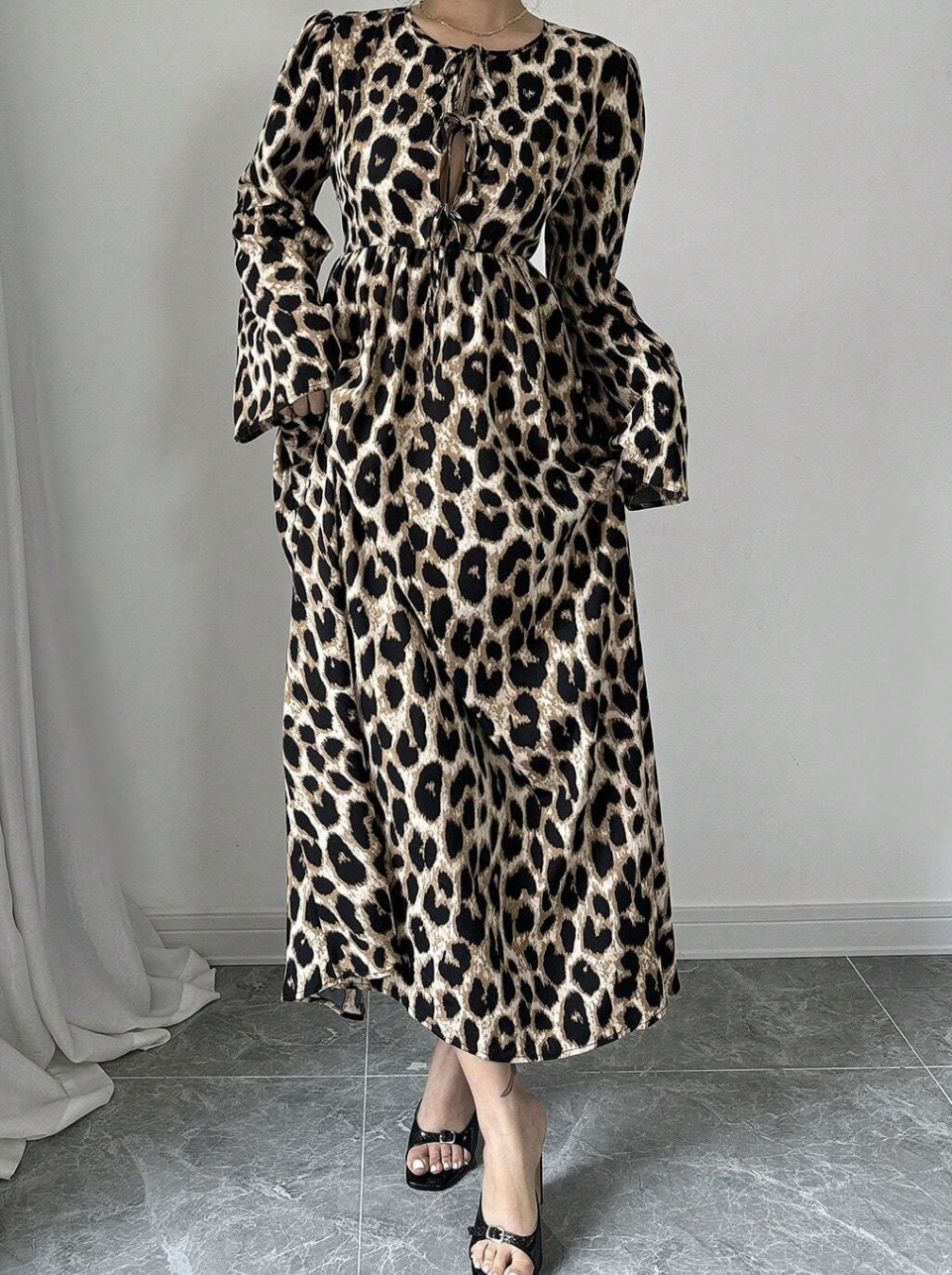 Leopard Print Tie Front Long Sleeve Dress