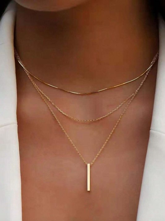 Long Bar Pendant & Layered Chains Necklace