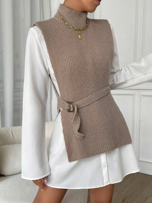 Mock Neck Split Hem Belted Sweater Vest