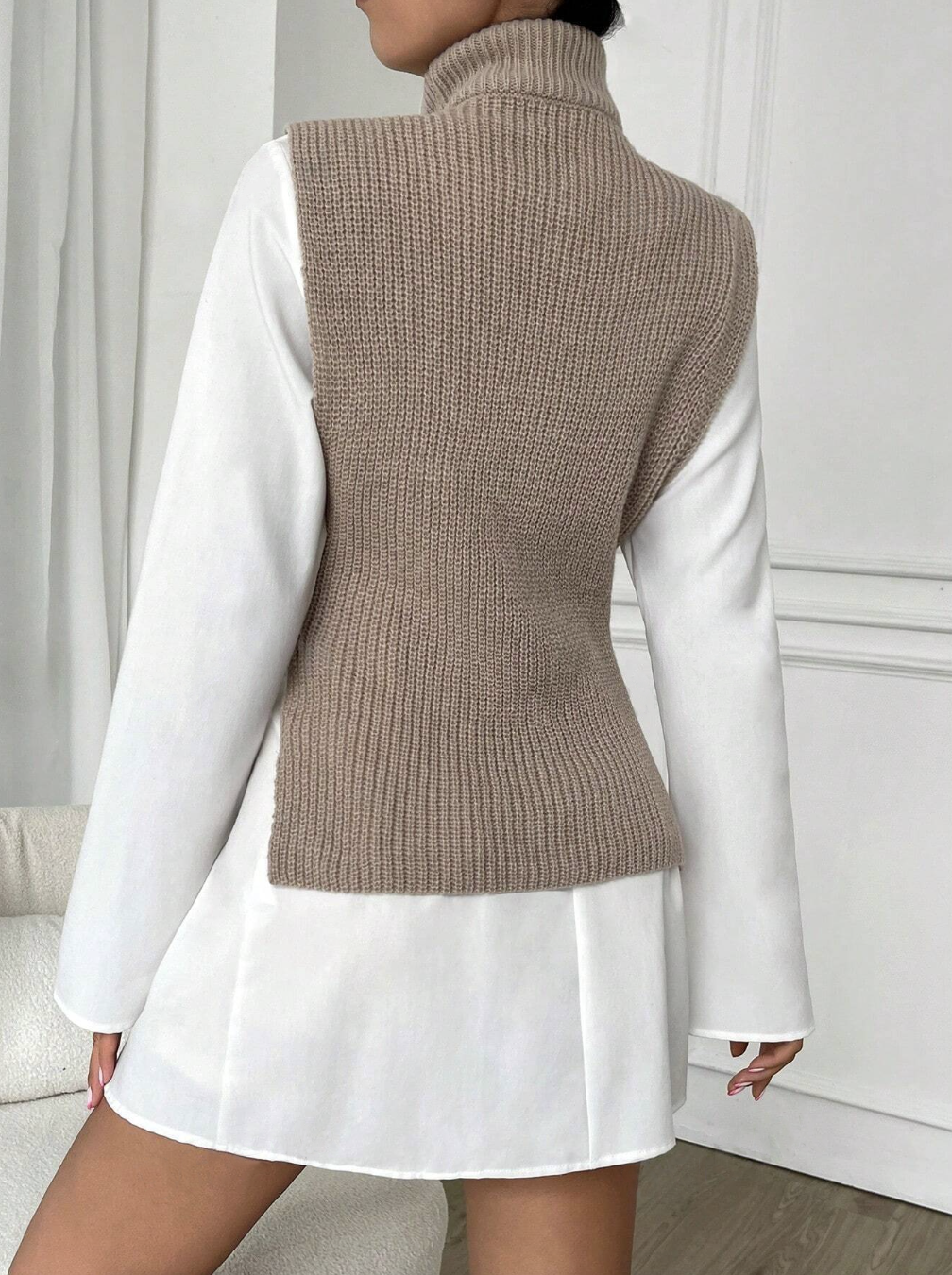 Mock Neck Split Hem Belted Sweater Vest