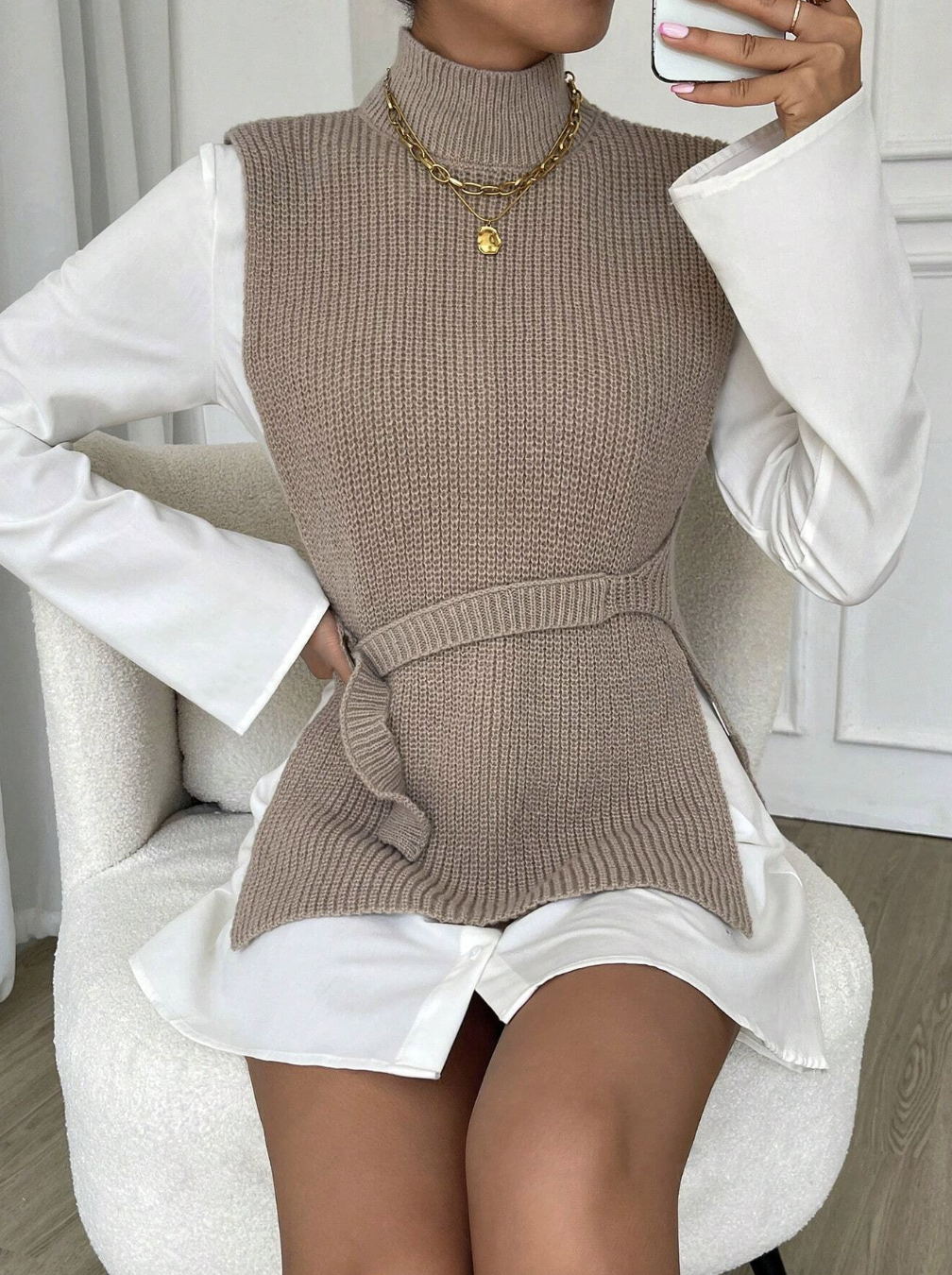 Mock Neck Split Hem Belted Sweater Vest