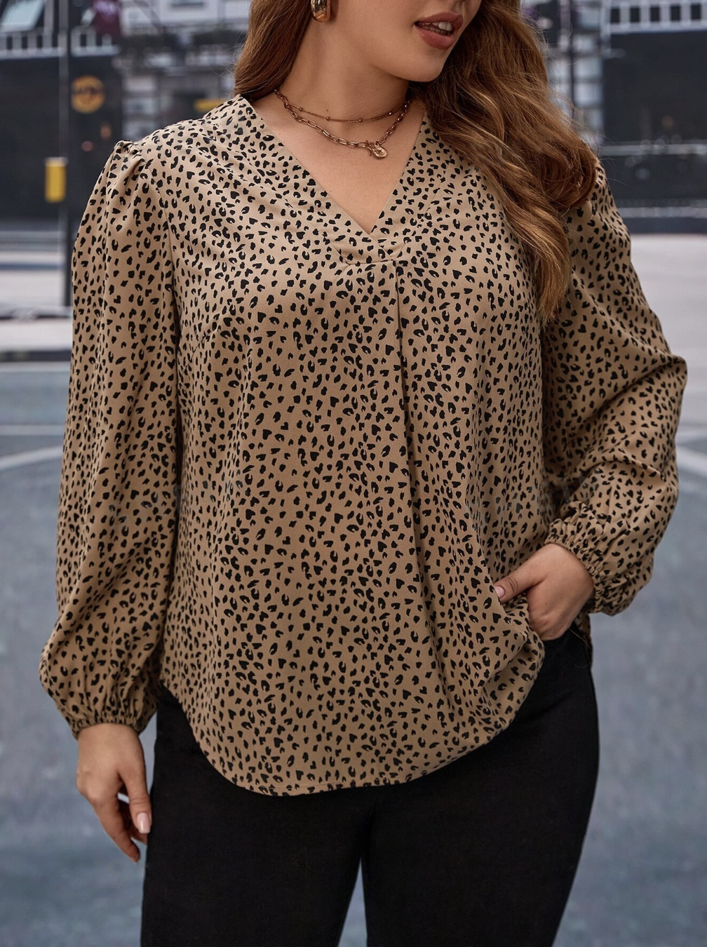 Plus Size Leopard Print Lantern Sleeve Blouse
