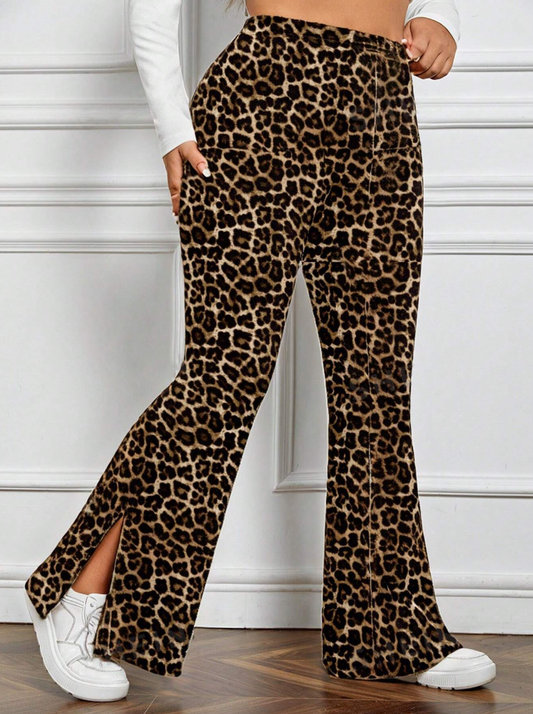 Plus Size High Waisted Leopard Print Split Flared Pants