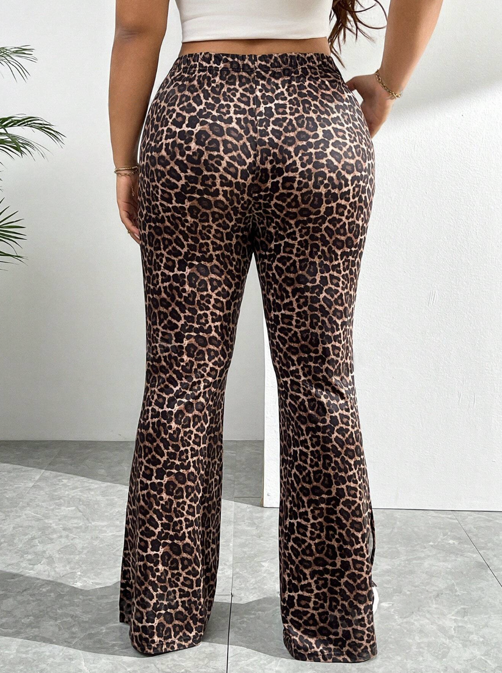 Plus Size High Waisted Leopard Print Split Flared Pants