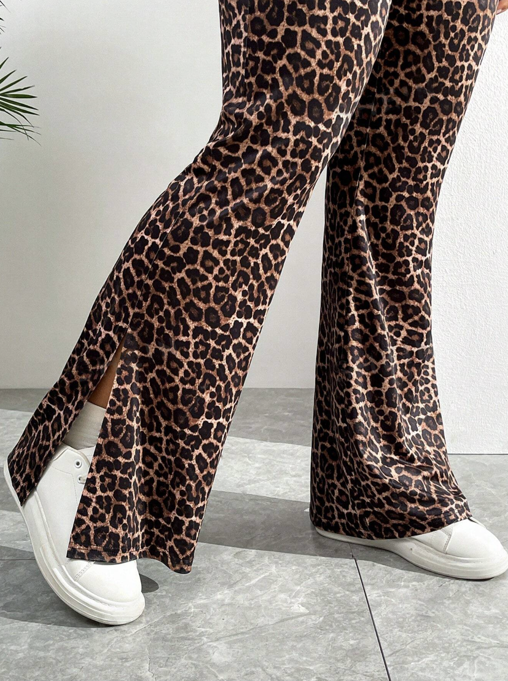 Plus Size High Waisted Leopard Print Split Flared Pants