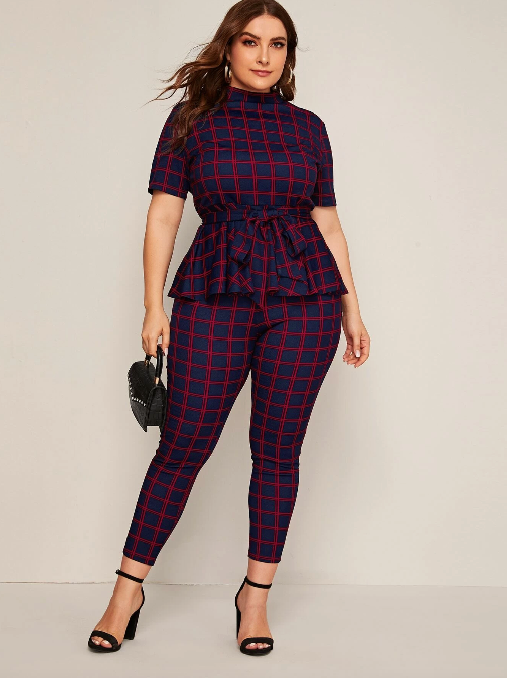 Plus Size Mock-neck Belted Plaid Peplum Top & Leggings Set