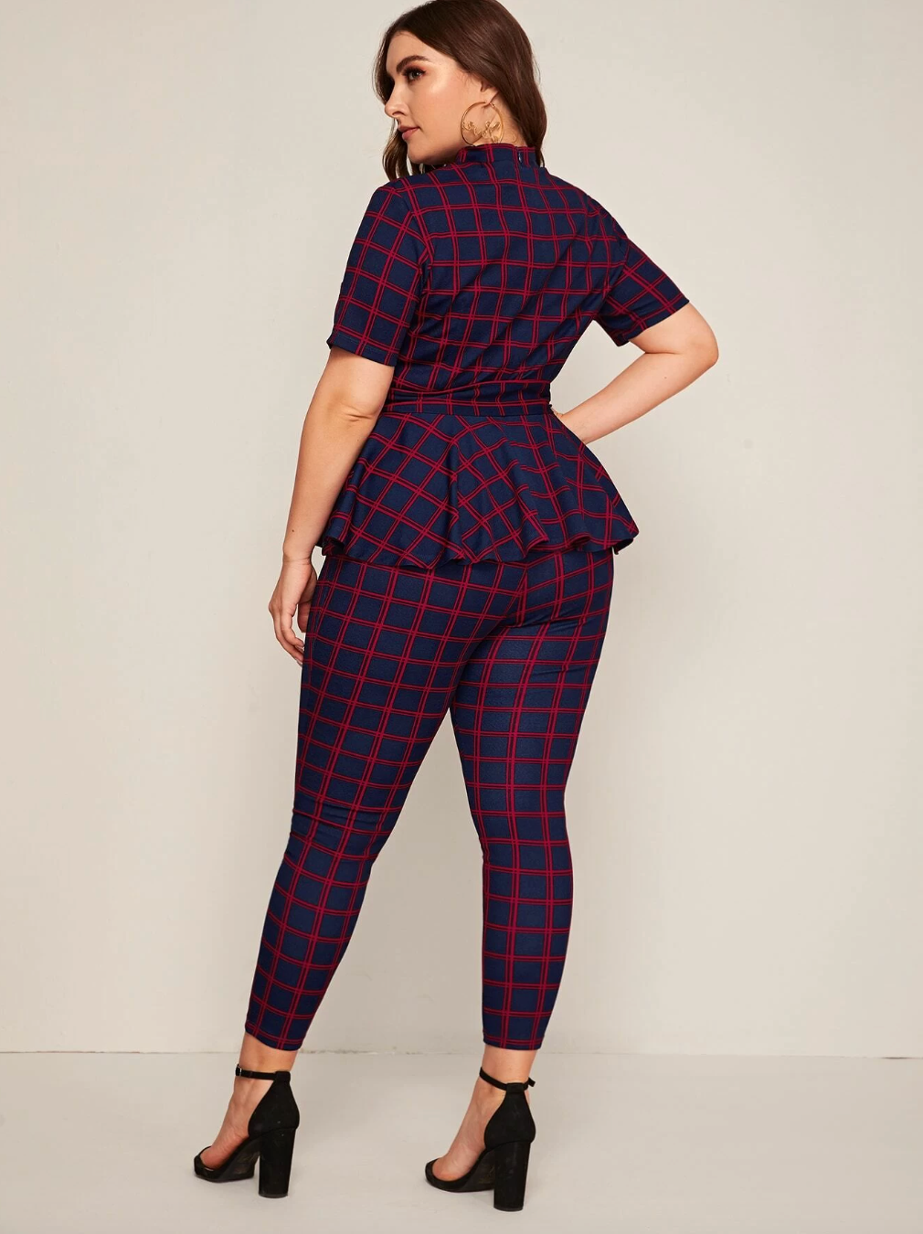 Plus Size Mock-neck Belted Plaid Peplum Top & Leggings Set