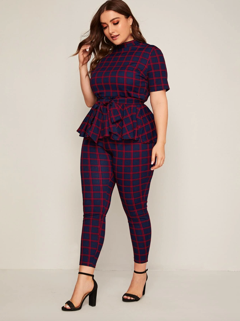 Plus Size Mock-neck Belted Plaid Peplum Top & Leggings Set