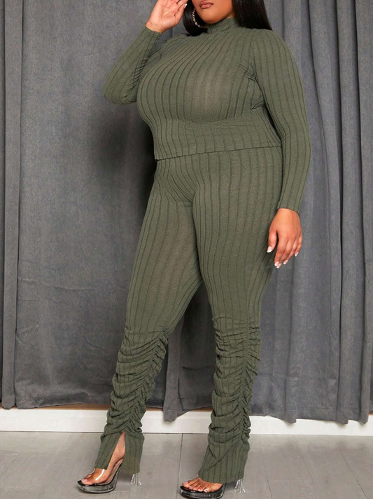 Plus Size Solid Color Long Sleeve Tight-Fitting Casual Two-Piece Set