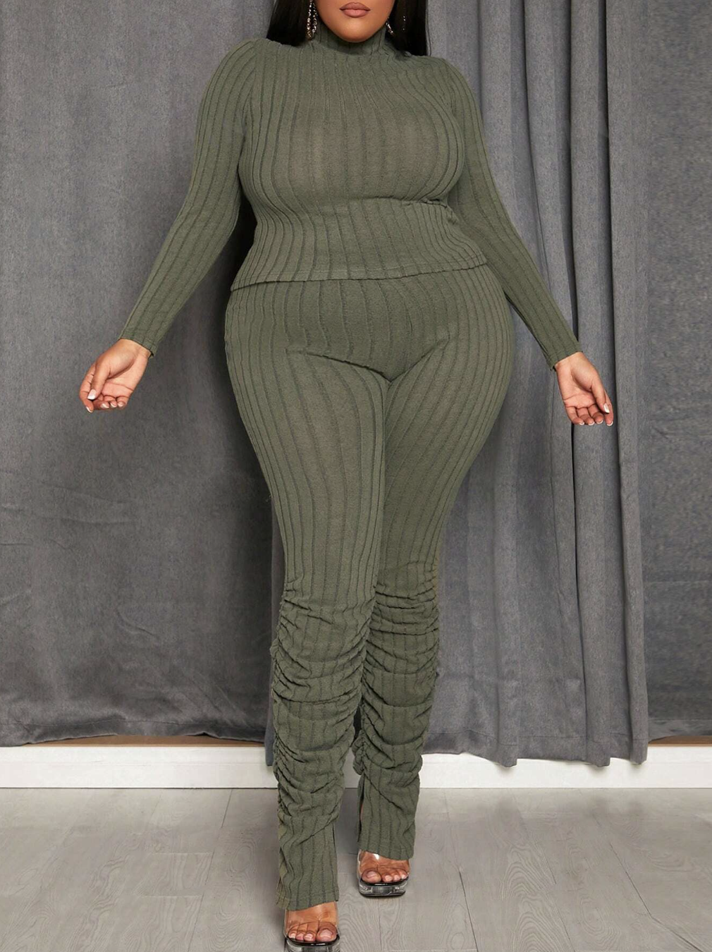 Plus Size Solid Color Long Sleeve Tight-Fitting Casual Two-Piece Set