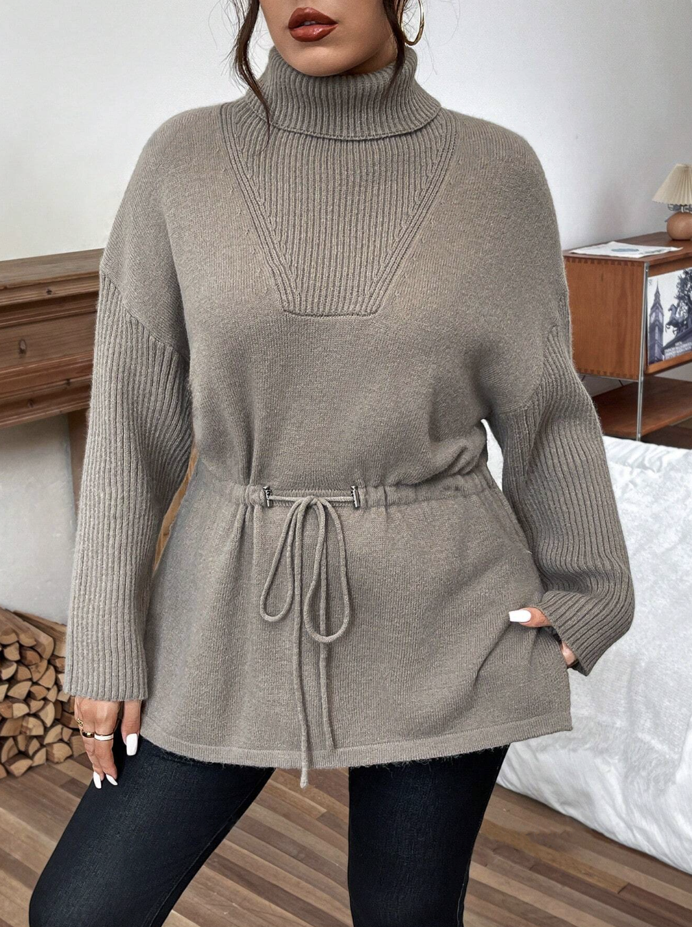Plus Size Solid Color Turtleneck Long Sleeve Tie-Waist Casual Sweater